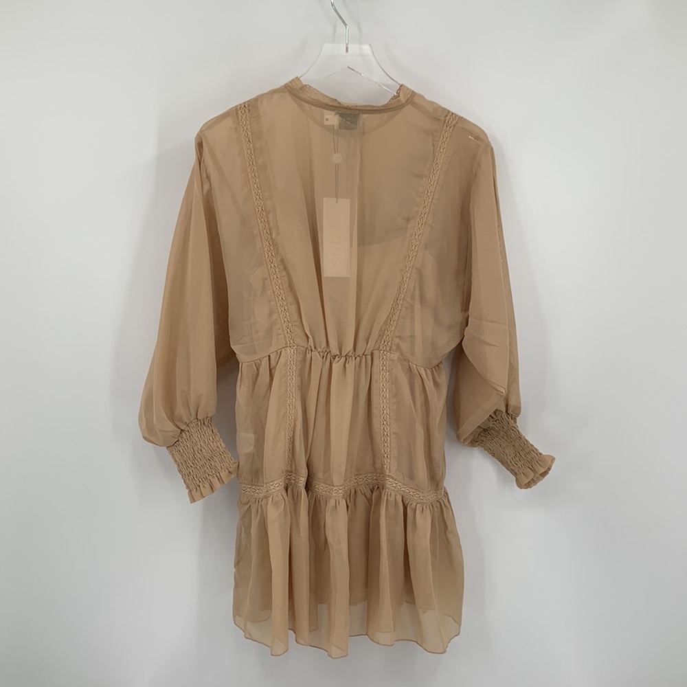 SNDYS Coco mini dress sand tan boho chiffon lace tier skirt sheer new Small - Picture 4 of 6